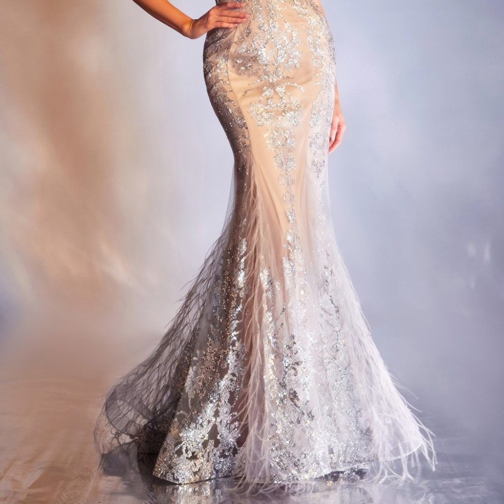 SILVER/NUDE FEATHERED MERMAID PROM PARTY LONG MAXI  EVENING GOWN DRESS CDC57 - Picture 2 of 10
